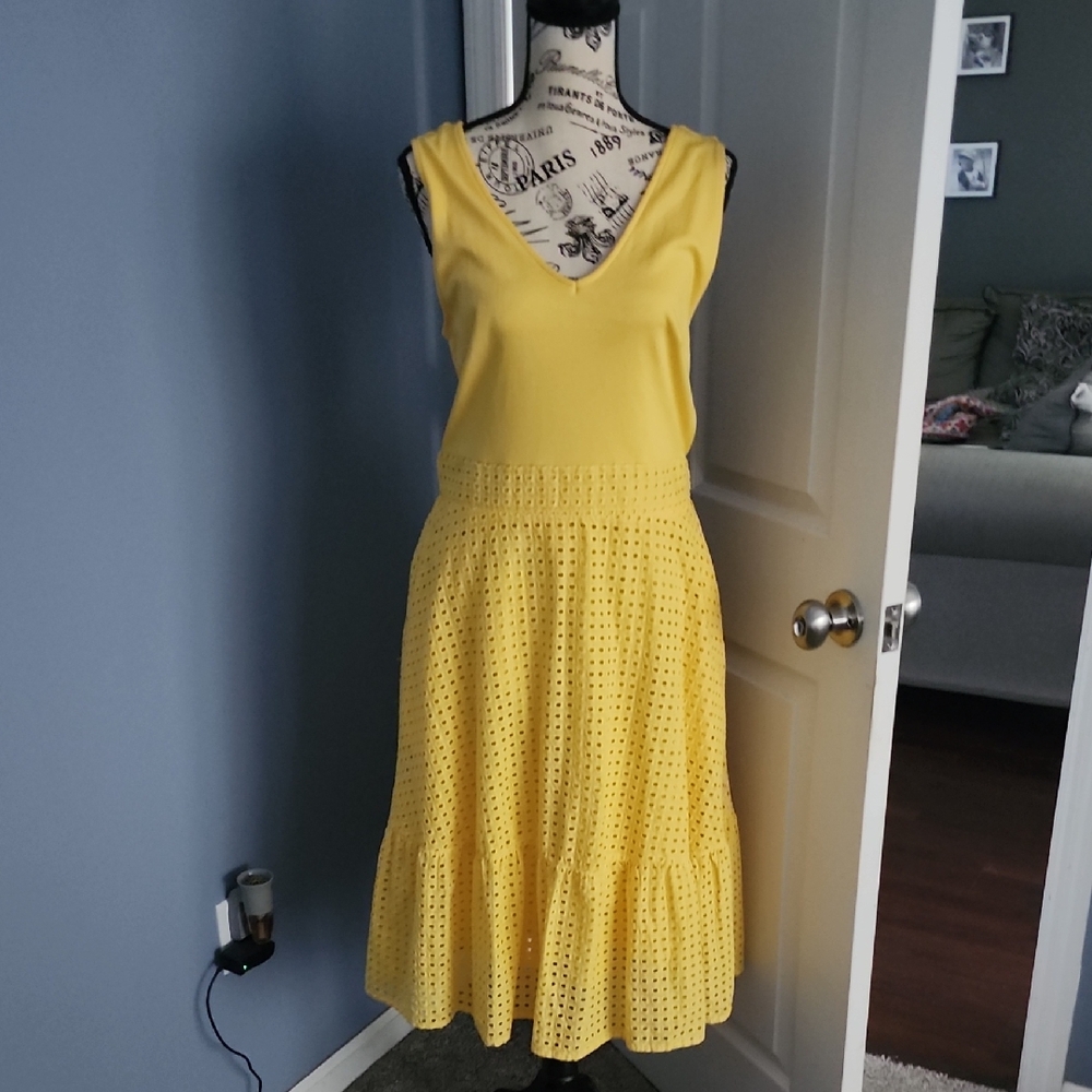 New York & Company Yellow V-Neck Midi Dress